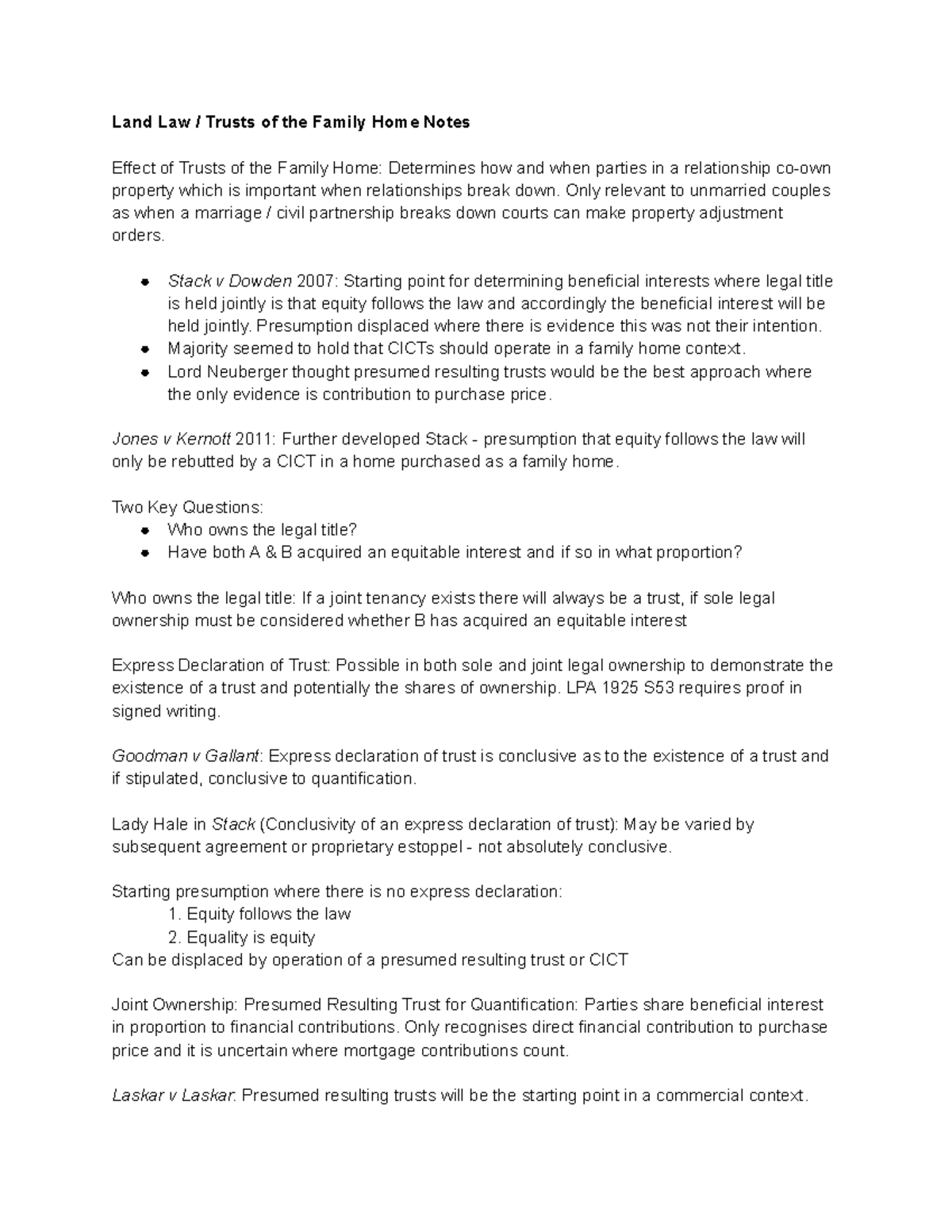 Land Law Trusts of the Family Home Notes - Land Law / Trusts of the ...