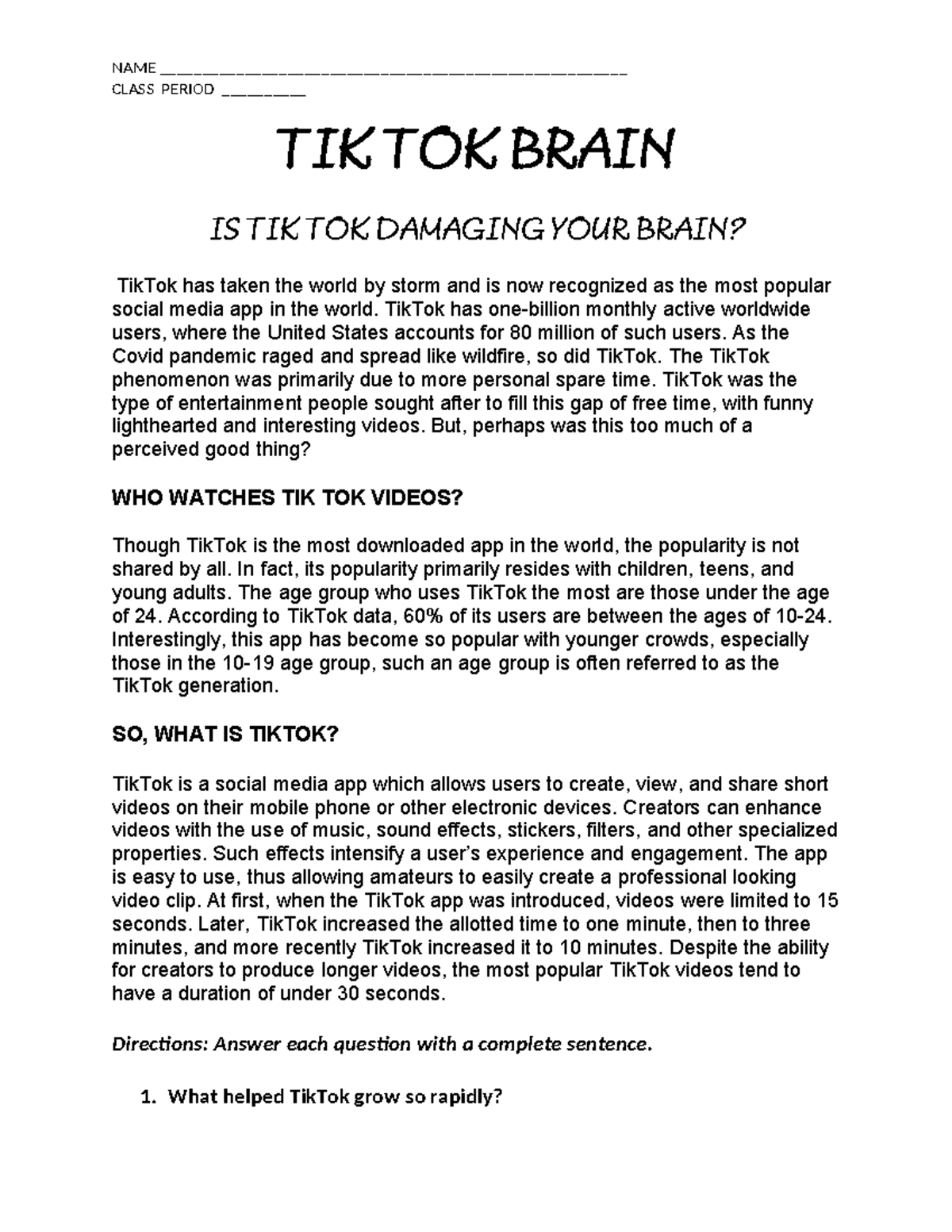 Copy of TIK TOK Brain - CLASS PERIOD __________ TIK TOK BRAIN IS TIK ...