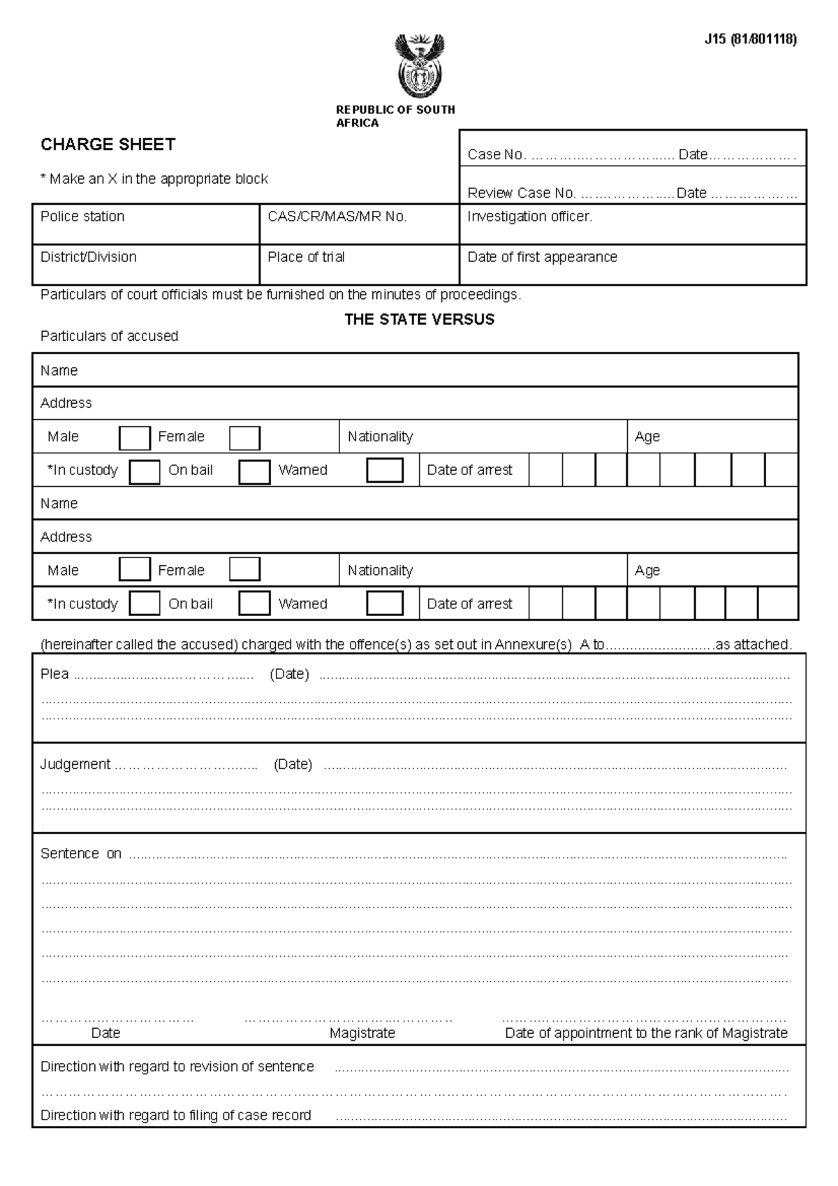 J15 Blank - example of a charge sheet - REPUBLIC OF SOUTH AFRICA J15 ...
