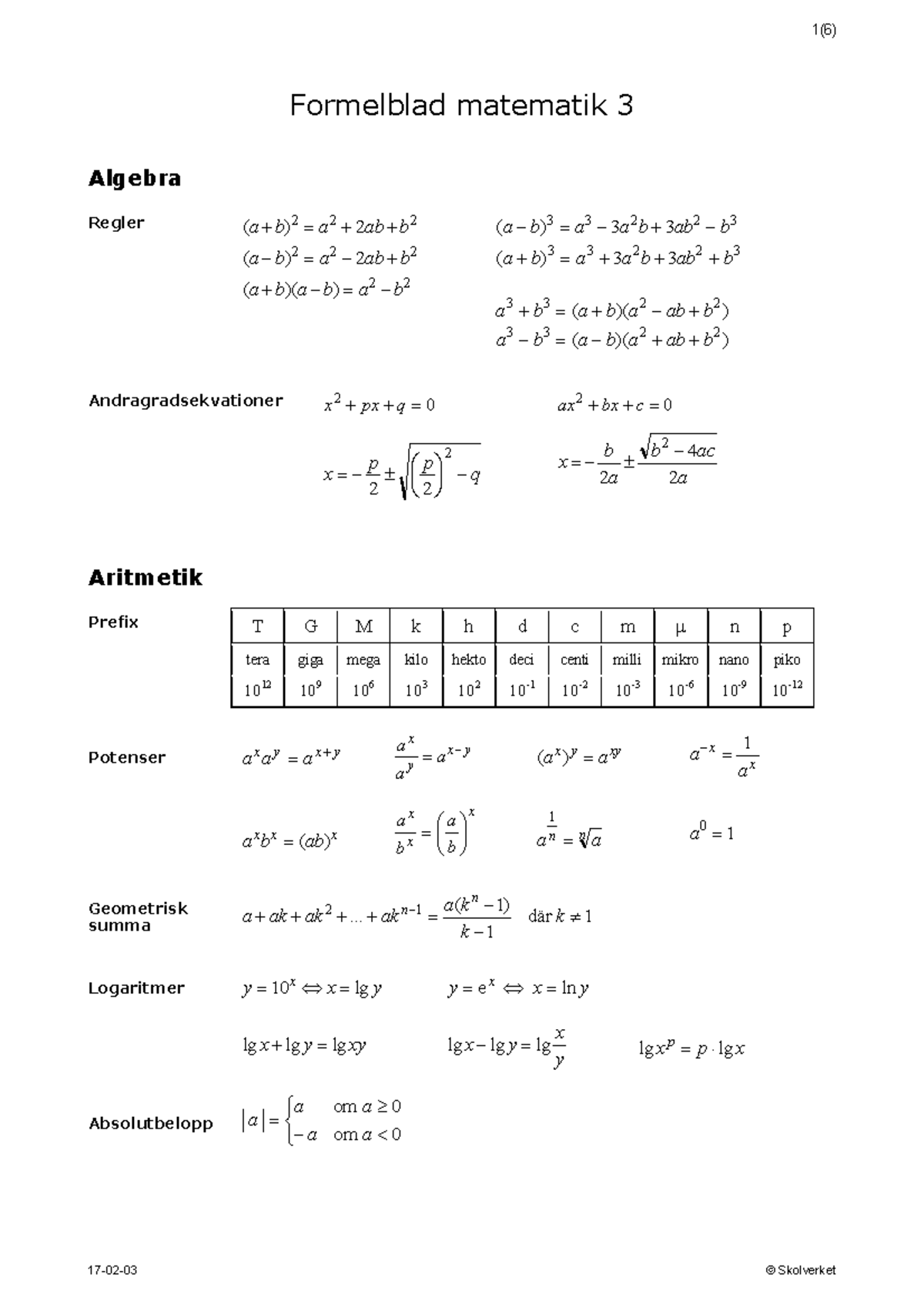 Matematik 3: Formelblad för Algebra, Aritmetik och Geometri - Studocu