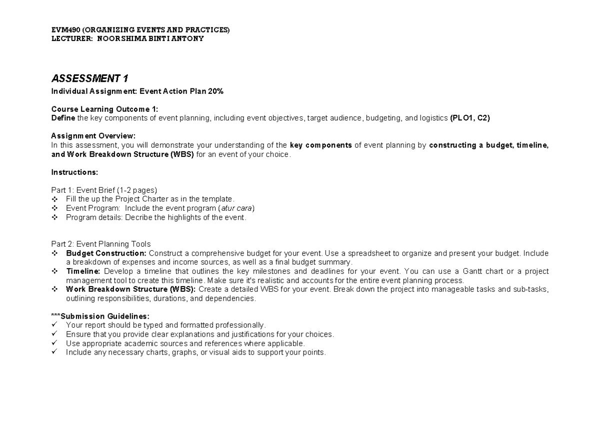 EVM490 Individual Assignment: Event Action Plan Overview - Studocu