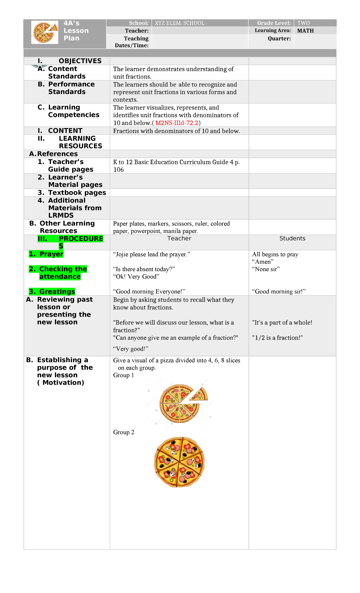 M2NS-IIId-72 Unit Fractions Lesson Plan and Activities for Grade Two ...