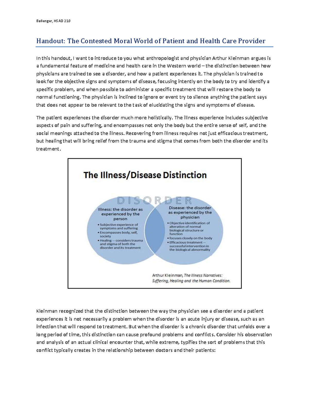 HSAD 210 Wk 3 Handout: Kleinman on Conflicting Health Models - Studocu