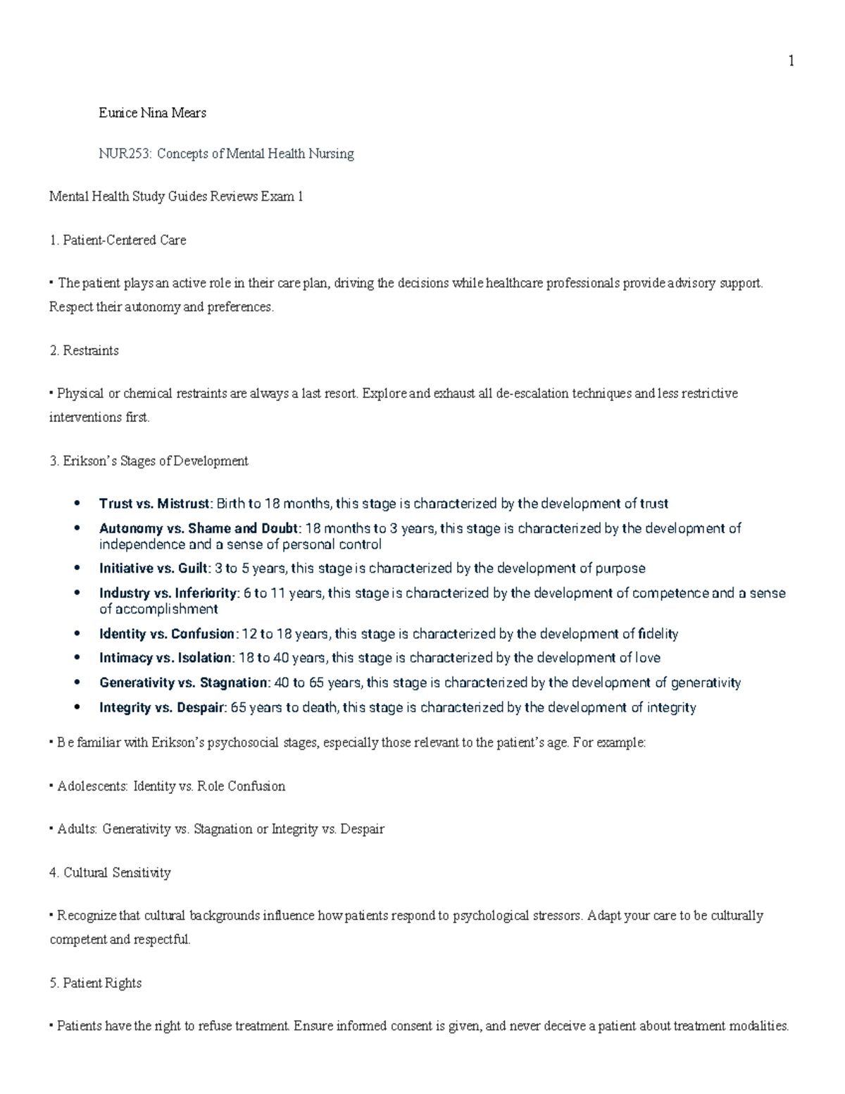 Mental Health Study Guide Exam 1 - Eunice Nina Mears NUR253: Concepts ...