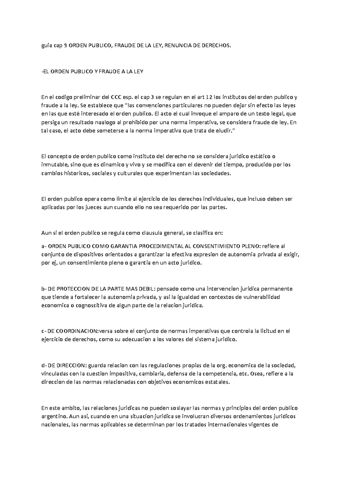 Resumen de Orden Público, Fraude de la Ley y Renuncia de Derechos - UBA ...