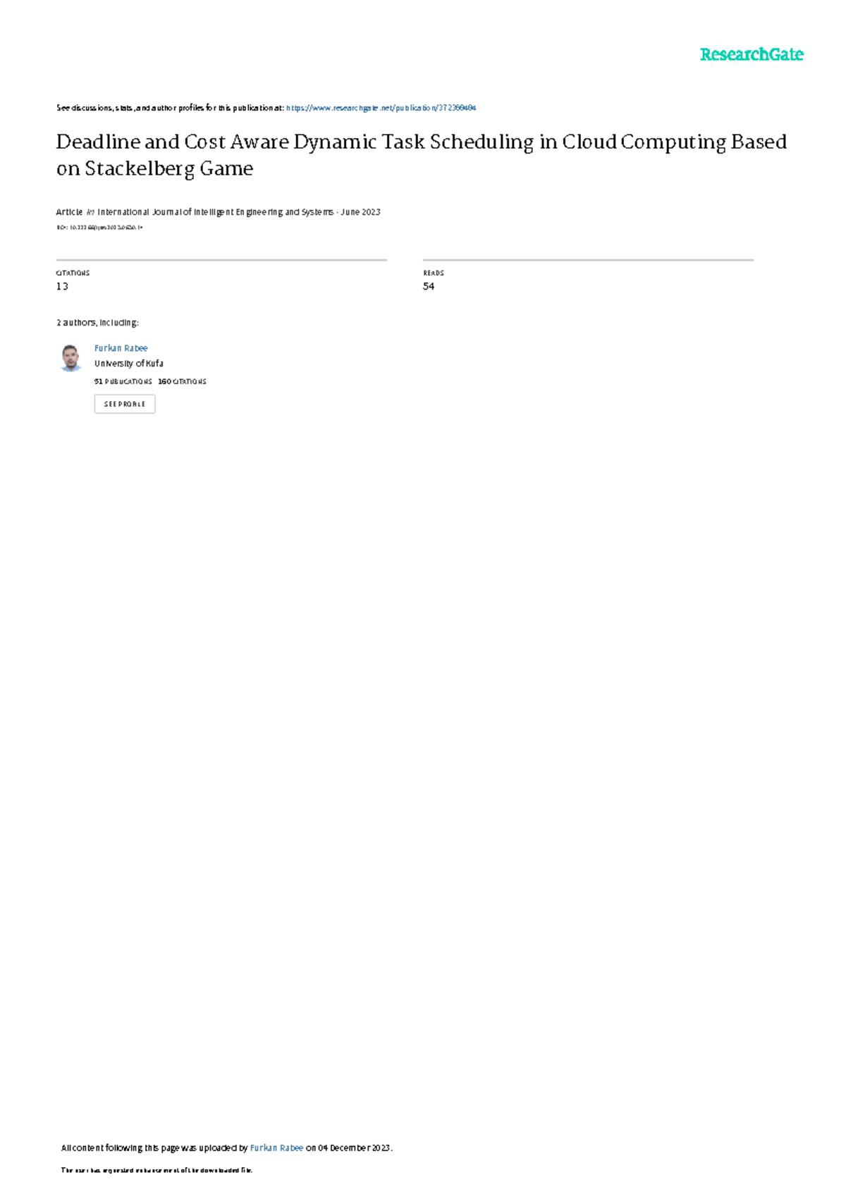 CS-2023: Dynamic Task Scheduling in Cloud Computing Using Stackelberg ...