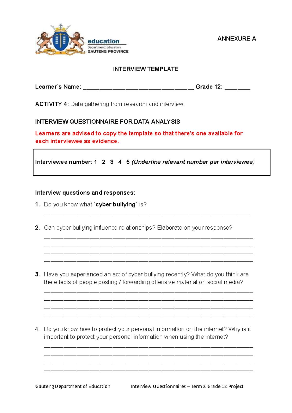 Annexure A - Interview Questionnaire for Gr 12 Term 2 Project - Studocu