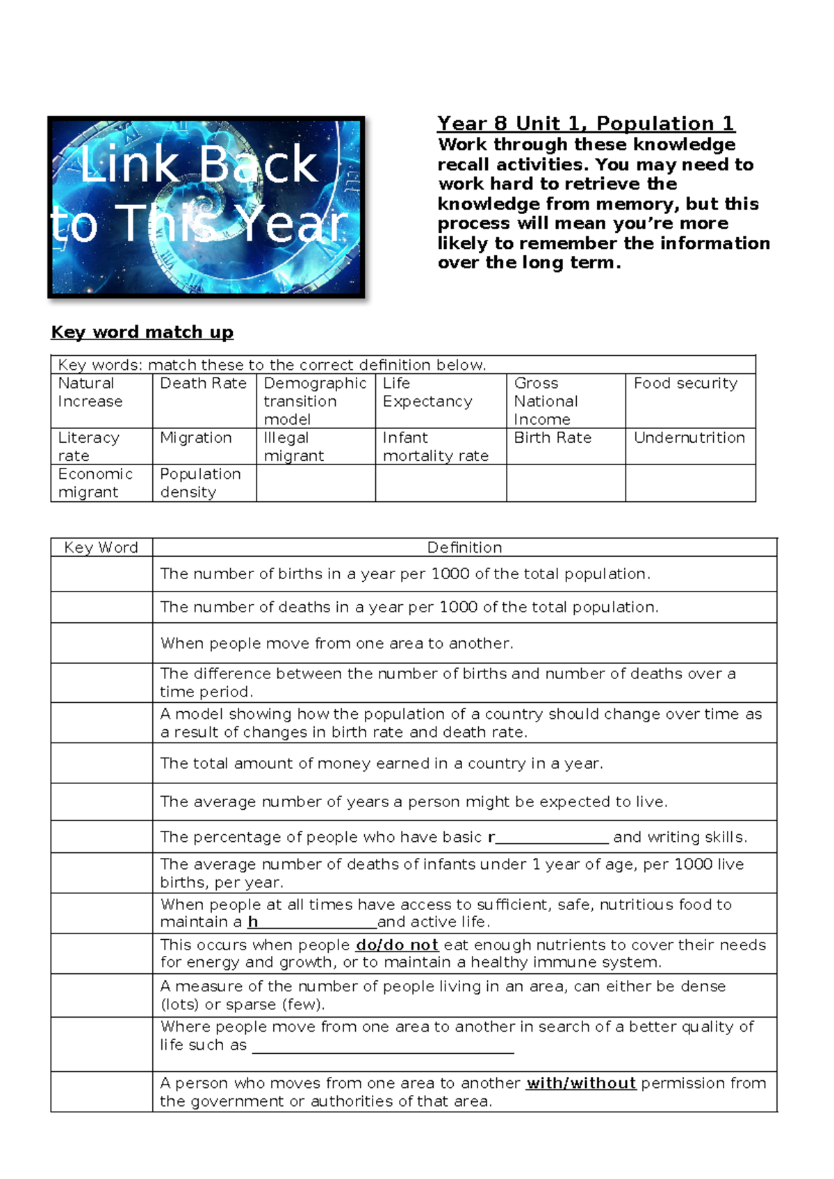 Year 8 Unit 1: Population Knowledge Check Activities - Studocu