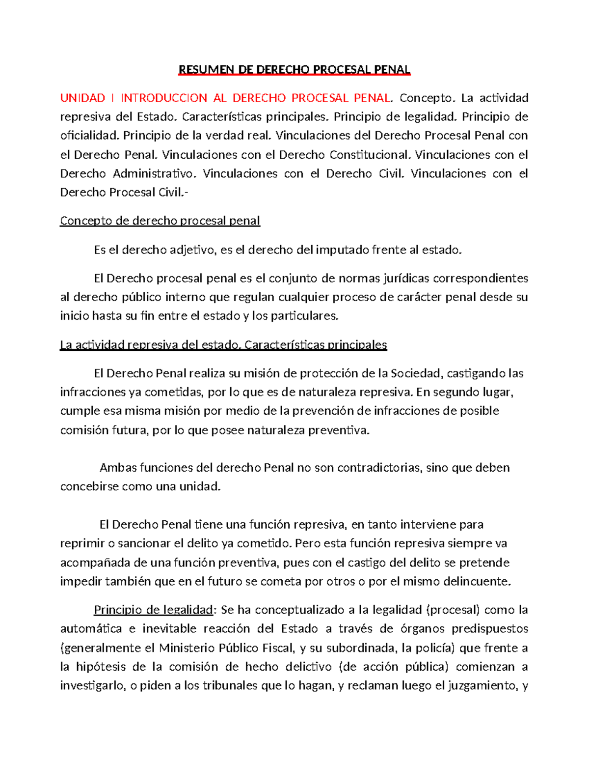 Resumen de Derecho Procesal Penal - Unidad I: Introducción y Principios ...