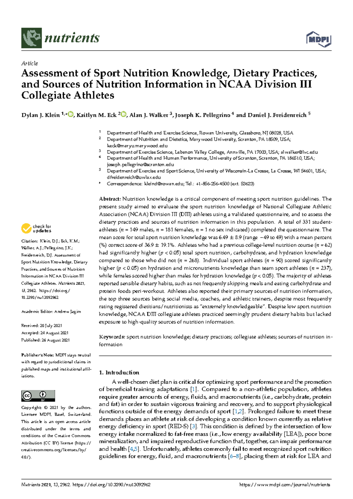 Assessment of Sport Nutrition Knowledge in NCAA Division III Athletes ...