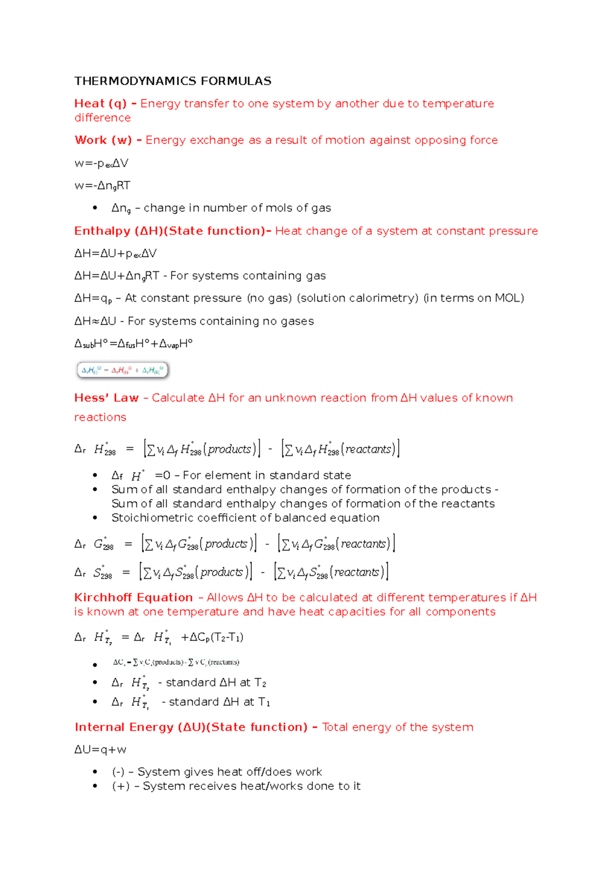 Thermodynamics Formulas for Energy Transfer and Work Calculations - Studocu
