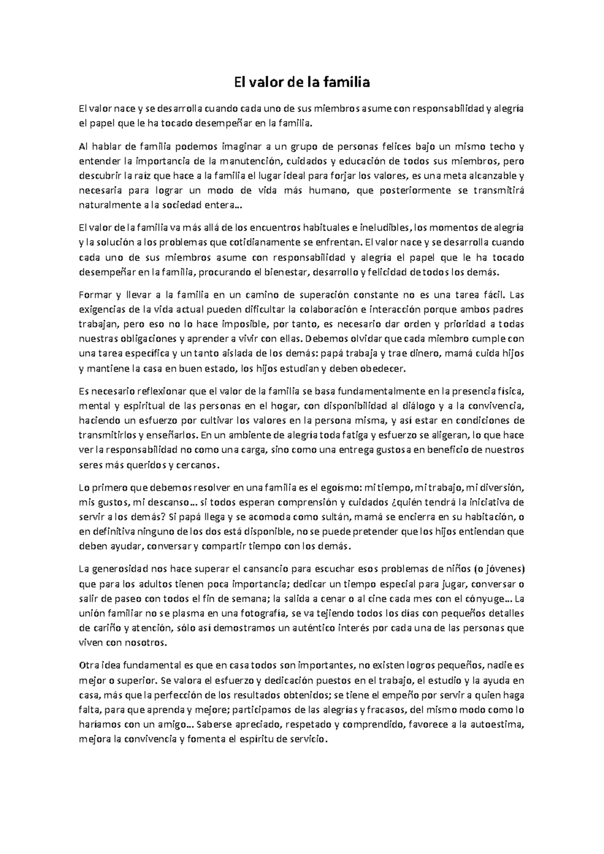 Reflexiones sobre el Valor de la Familia y su Importancia - Studocu