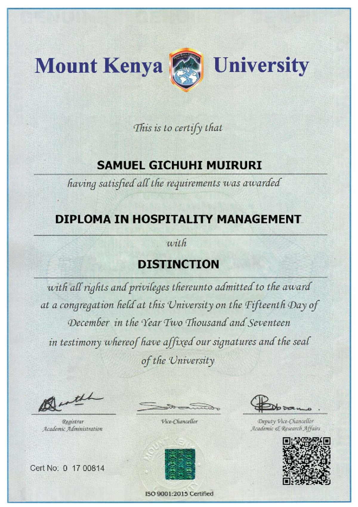 MKU diploma in hospitality management awarded to Samuel Gichuhi Muiruri ...