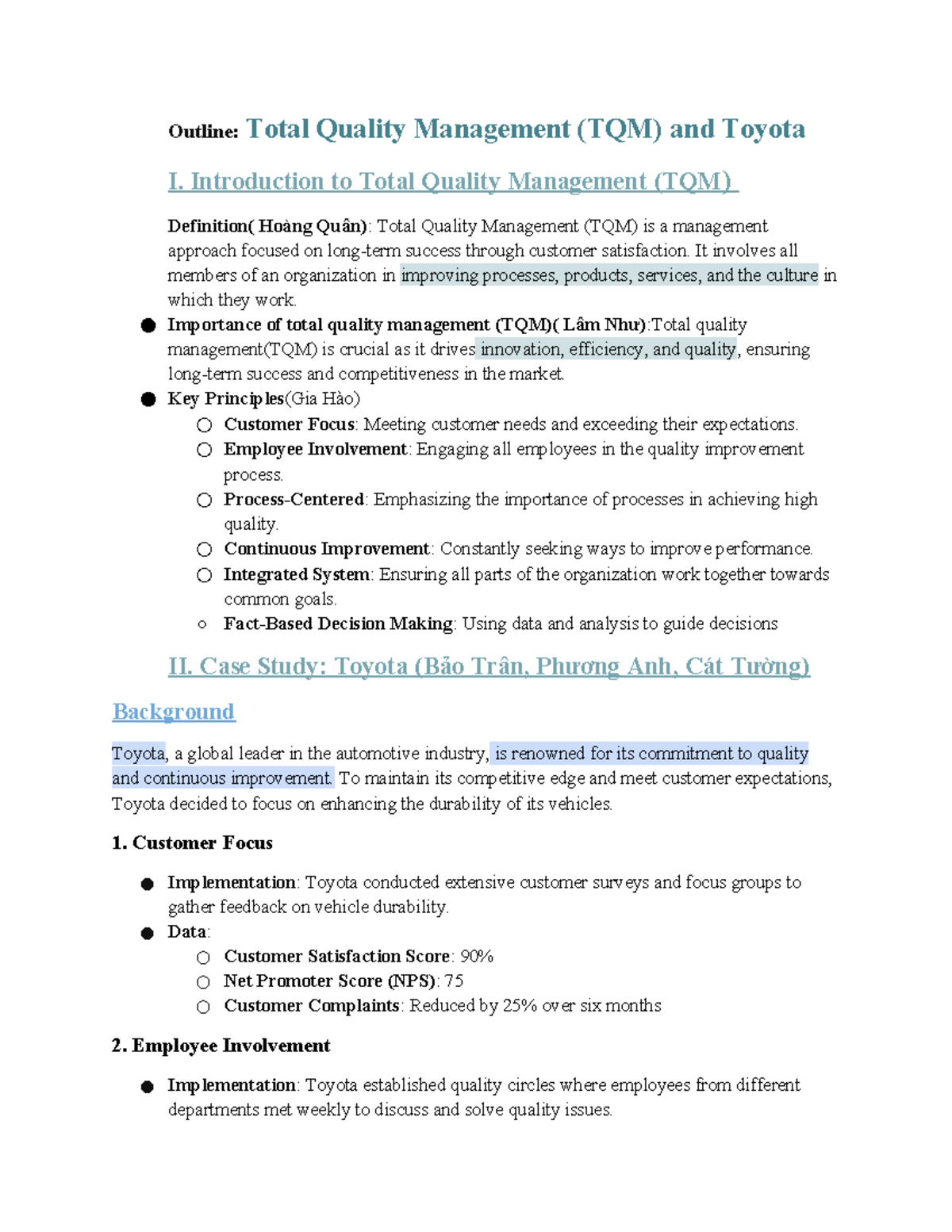 Total quality mangagement - outline - Outline: Total Quality Management ...