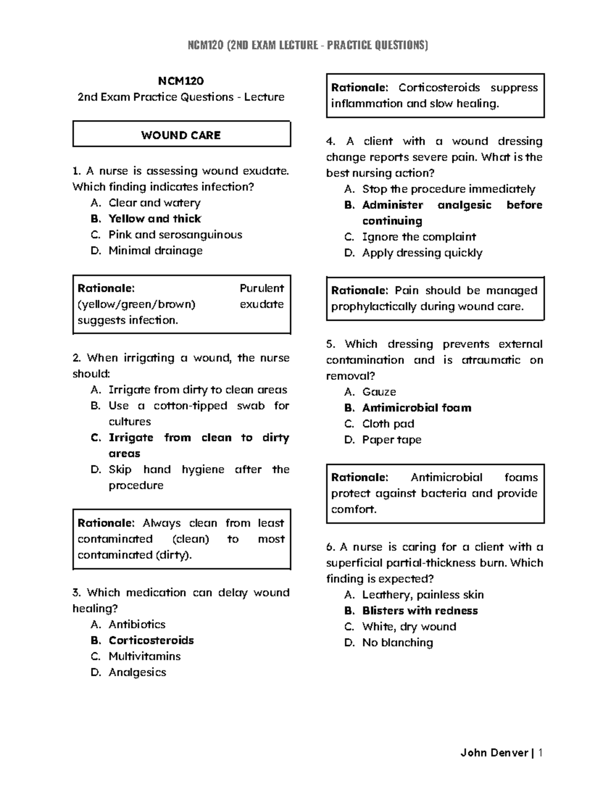 NCM120 2nd Exam Lecture Practice Questions on Wound Care - Studocu