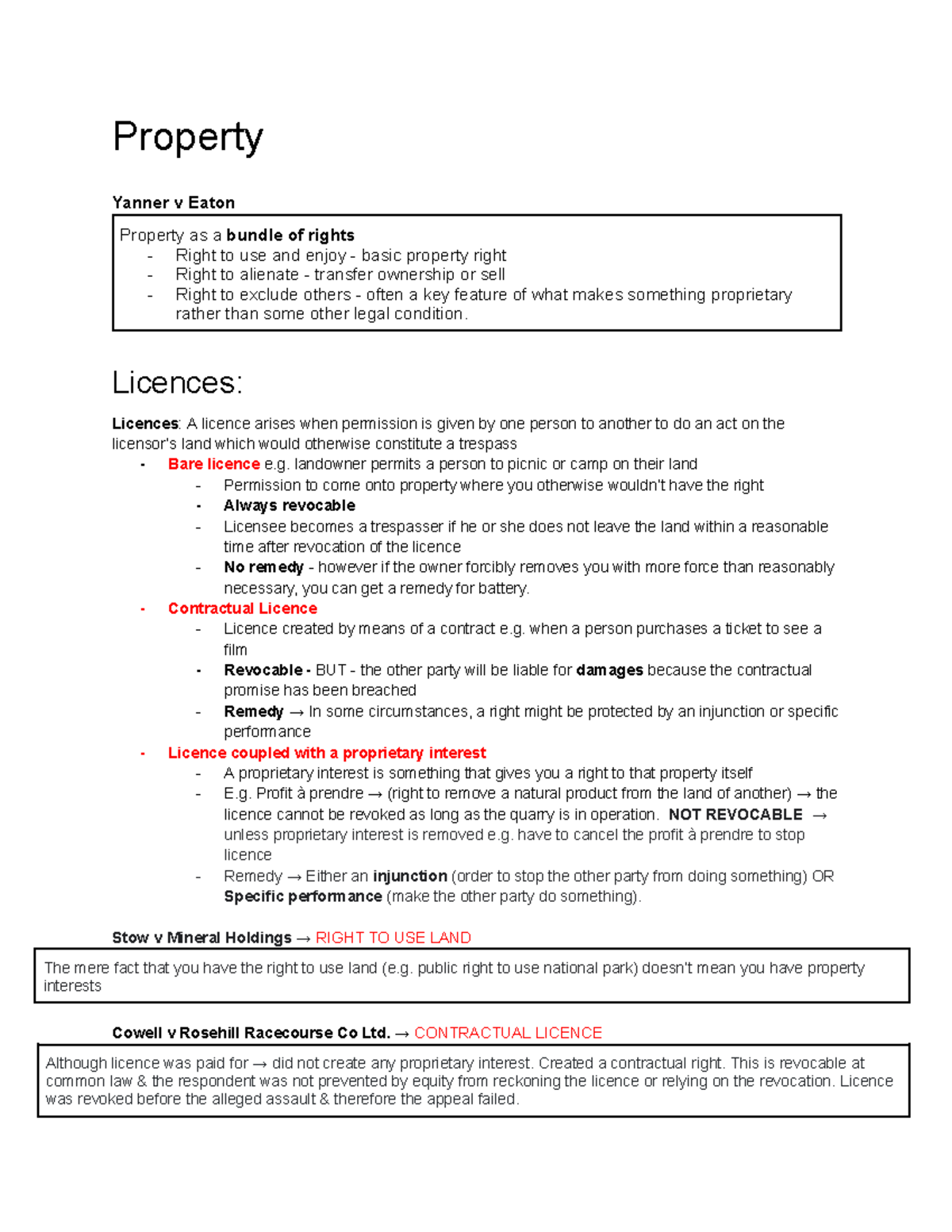 Private law problem question notes - Property Yanner v Eaton Property ...
