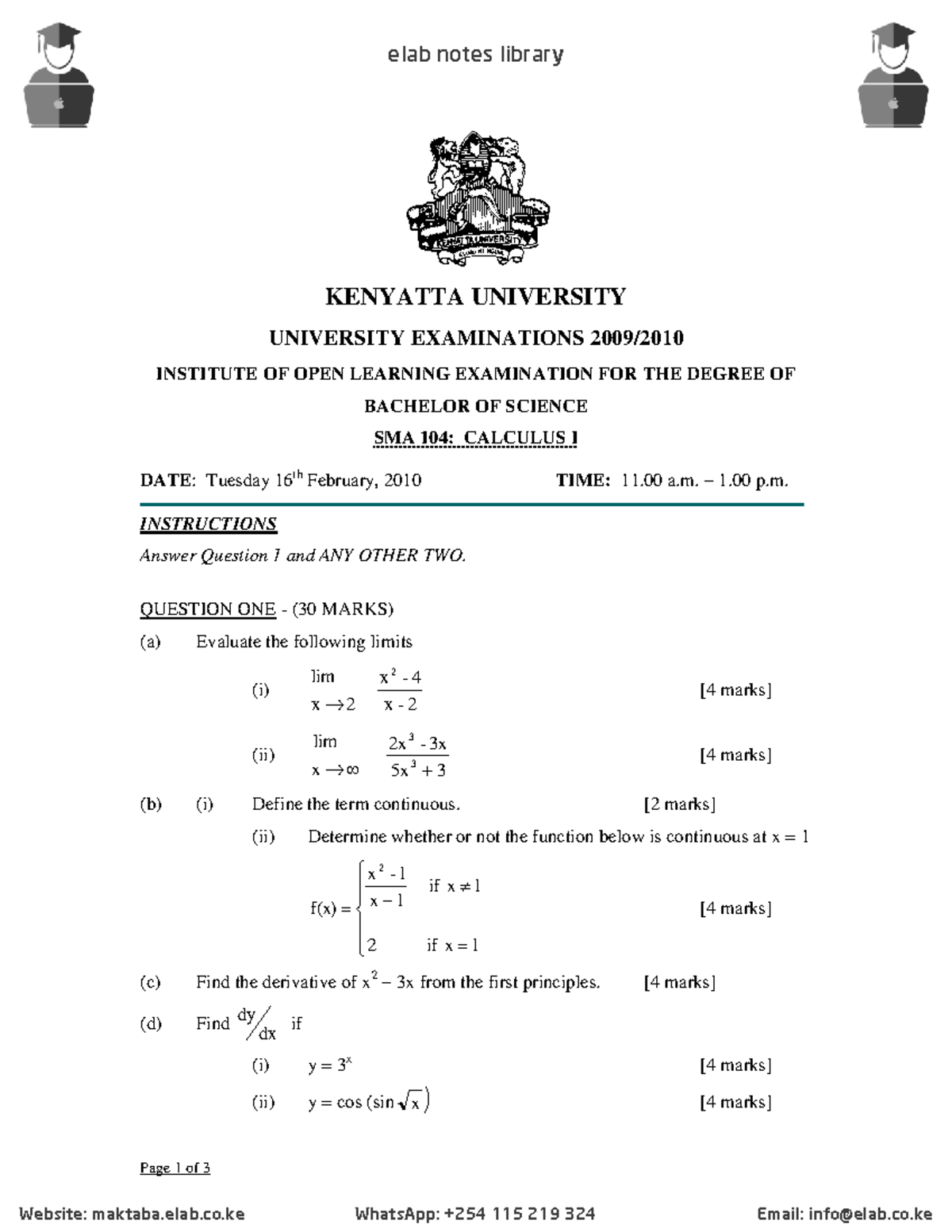 SMA 104: Calculus I Past Exam Paper - 16th February 2010 - Studocu