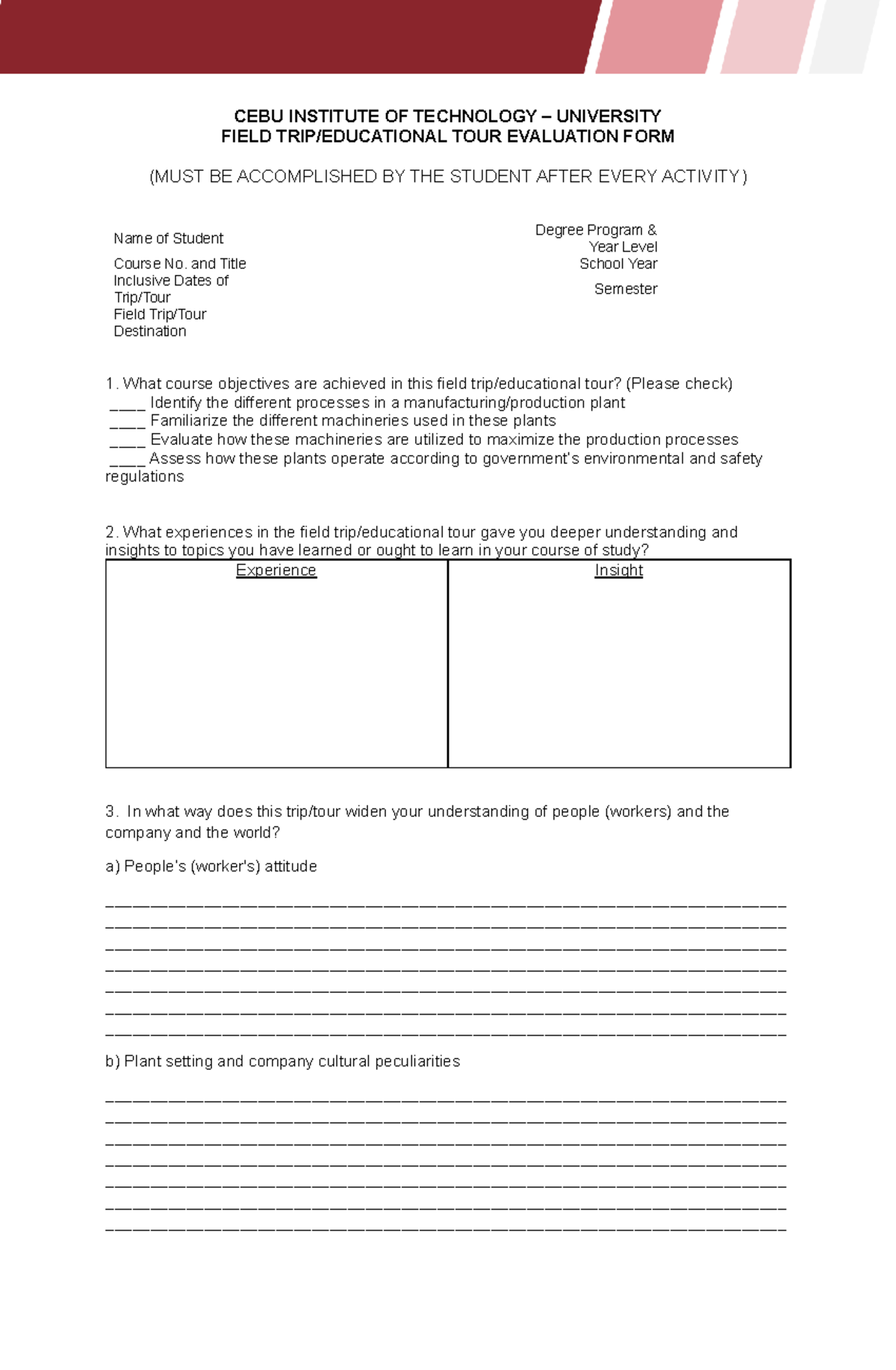 Field Tour Evaluation Form - CEBU INSTITUTE OF TECHNOLOGY - Studocu