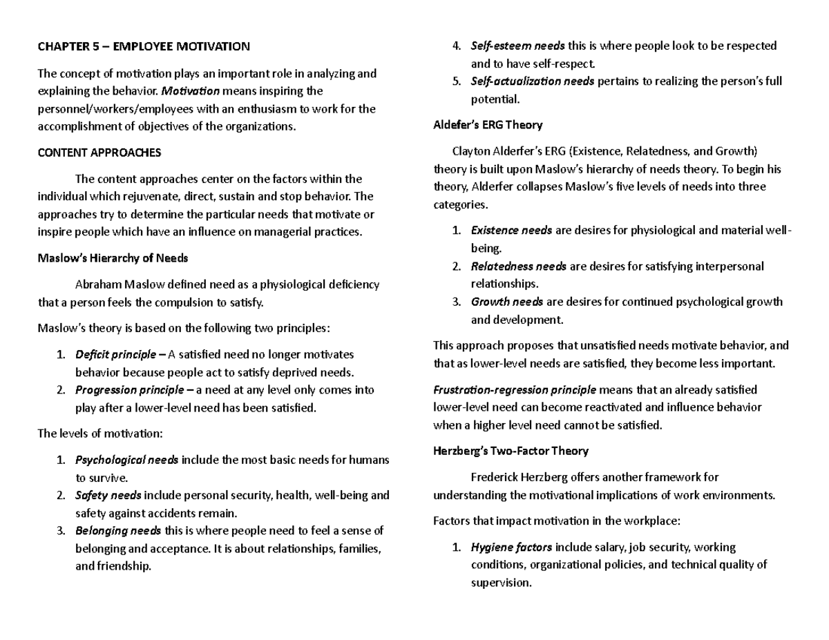 CHAPTER 5 & 6: EMPLOYEE MOTIVATION & PERFORMANCE APPRAISALS - Studocu