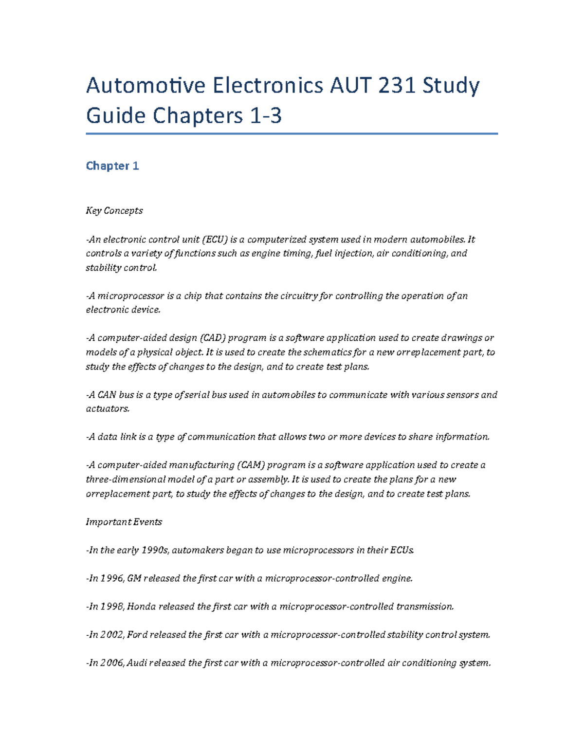 Automotive Electronics AUT 231 Study Guide: Key Concepts & Events (Ch 1 ...