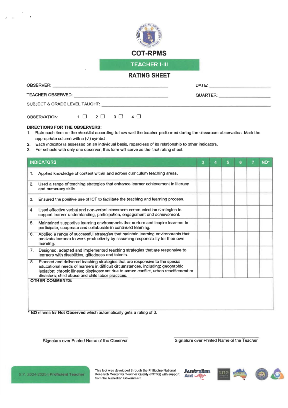 Teacher Observation Rating Sheet for Demo Teaching Evaluation - Studocu