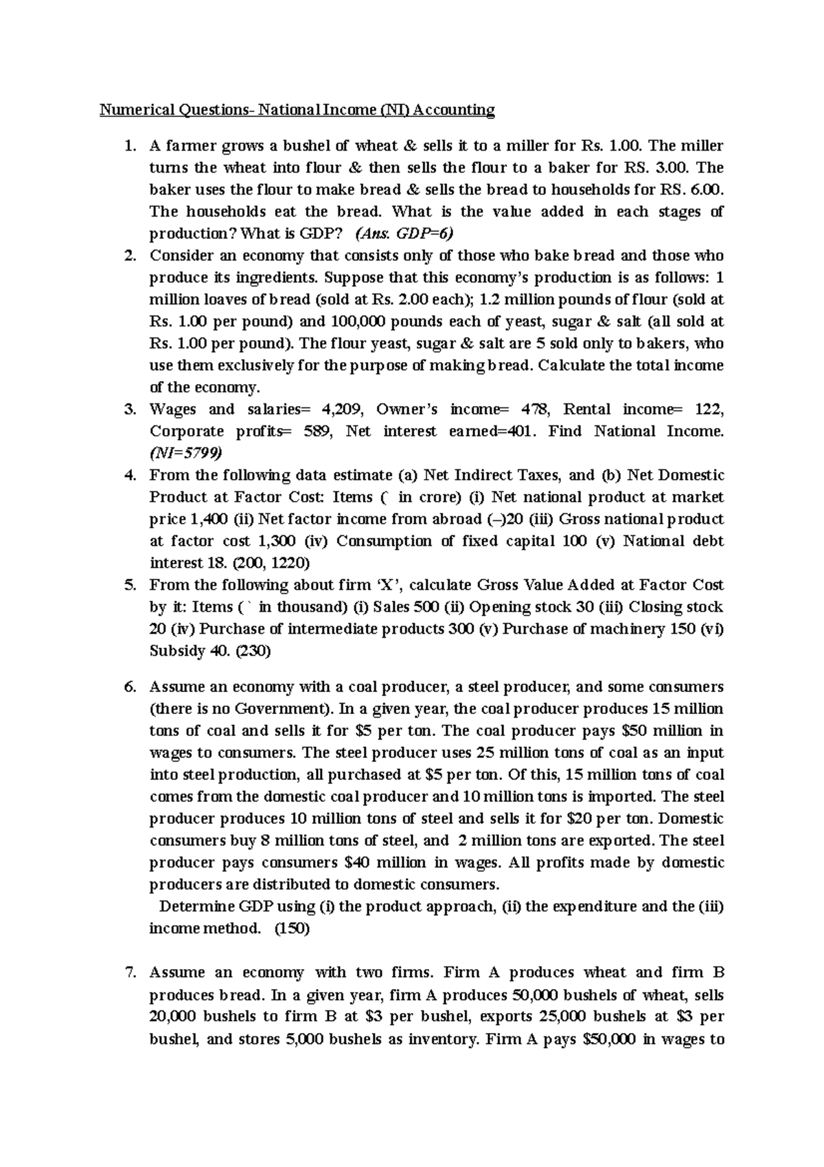 Numerical Questions on National Income Accounting (NI) - Studocu