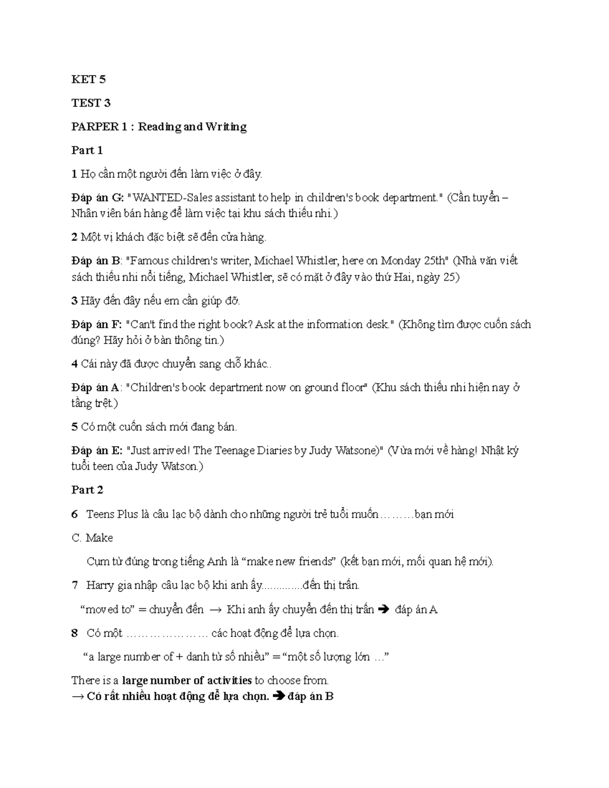 KET 5 TEST 3 PAPER 1: Reading and Writing Answers - Studocu