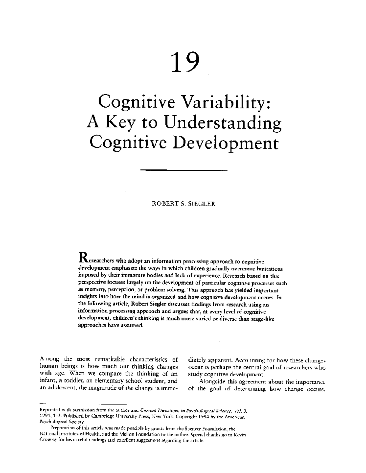 Cognitive Variability in Development: Insights from Siegler's Research ...