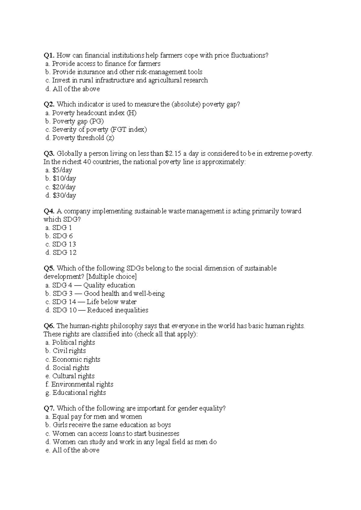 Q1-Q84: Sustainable Development Goals (SDGs) Quiz Notes - Studocu