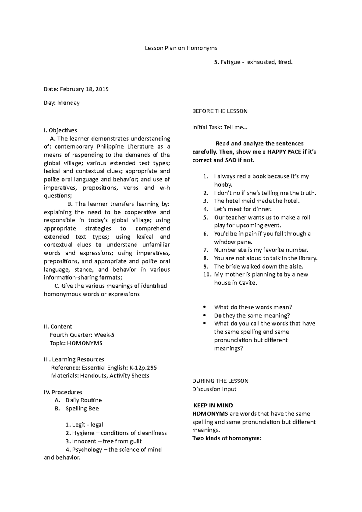 Lesson Plan on Homonyms - Final for Eng 101 - Studocu