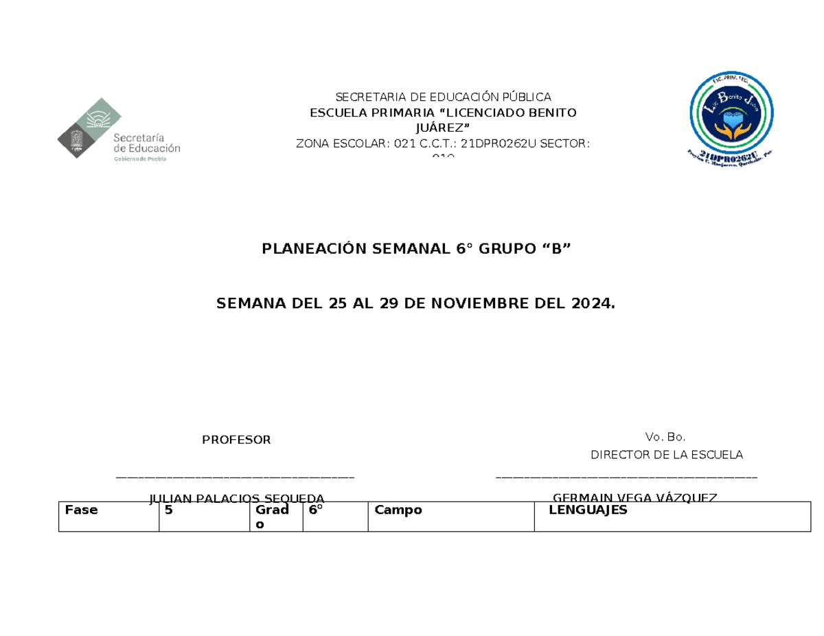 Semana del 25 al 29 de noviembre del 2024 - PLANEACIÓN SEMANAL 6° GRUPO ...