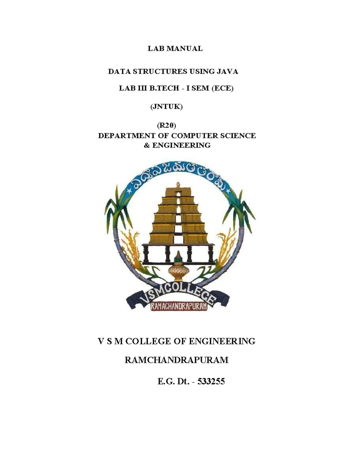 DS LAB Manual: Data Structures Using Java Lab (B.Tech I Sem ECE JNTUK ...
