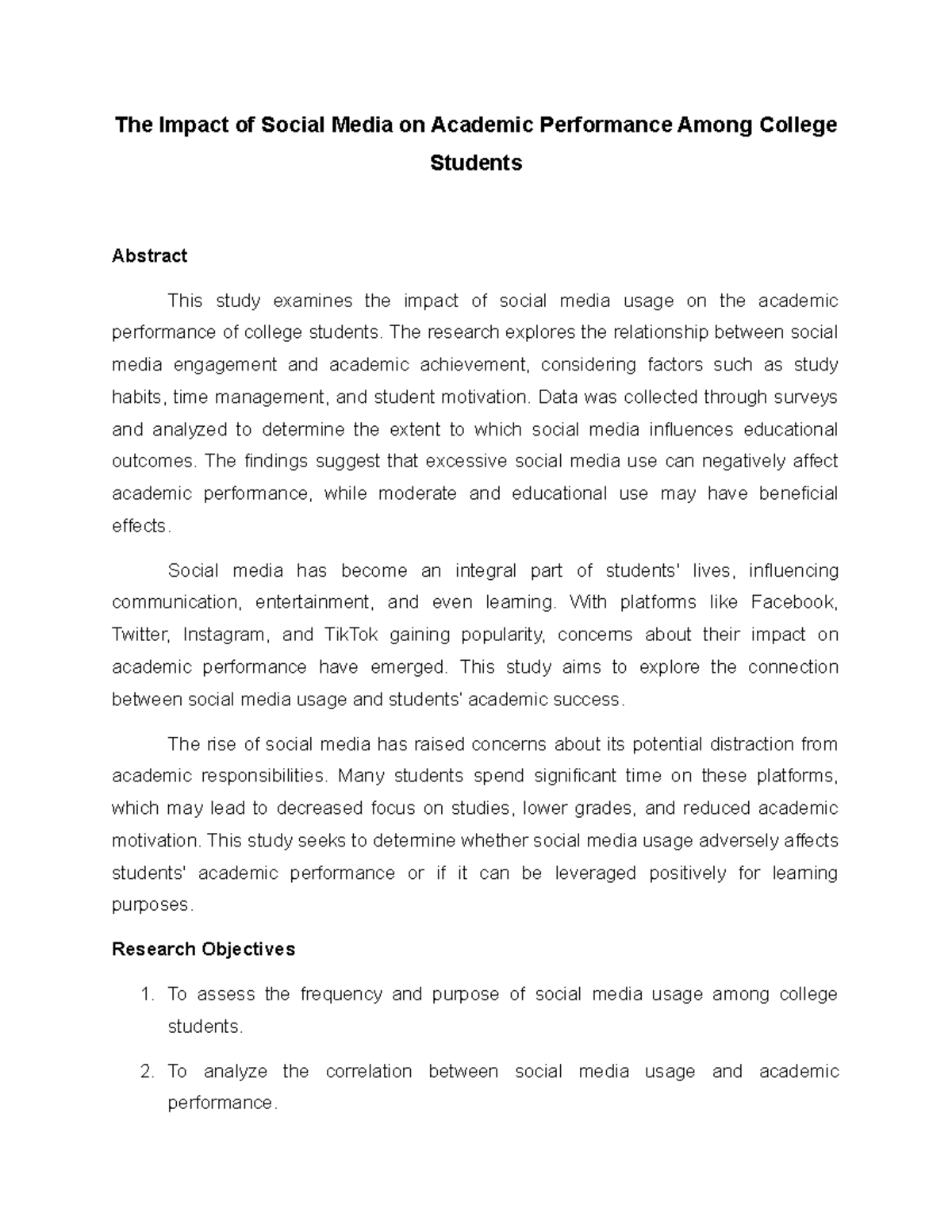 The Impact of Social Media on Academic Performance Among College ...