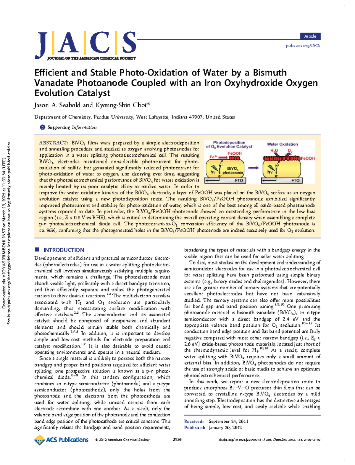 Choi Seabold 2012: Efficient & Stable Water Photooxidation via BiVO4 ...