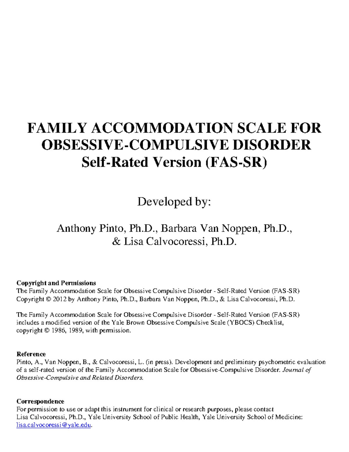 FAS-SR: Family Accommodation Scale for OCD - Self-Rated Version - Studocu