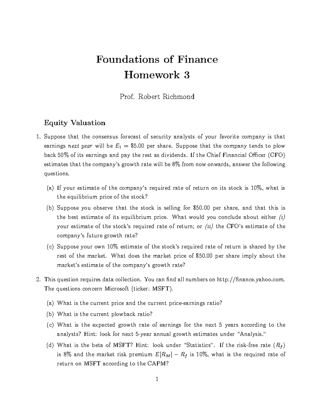 Foundations of Finance: Homework 3 Solutions and Analysis - Studocu