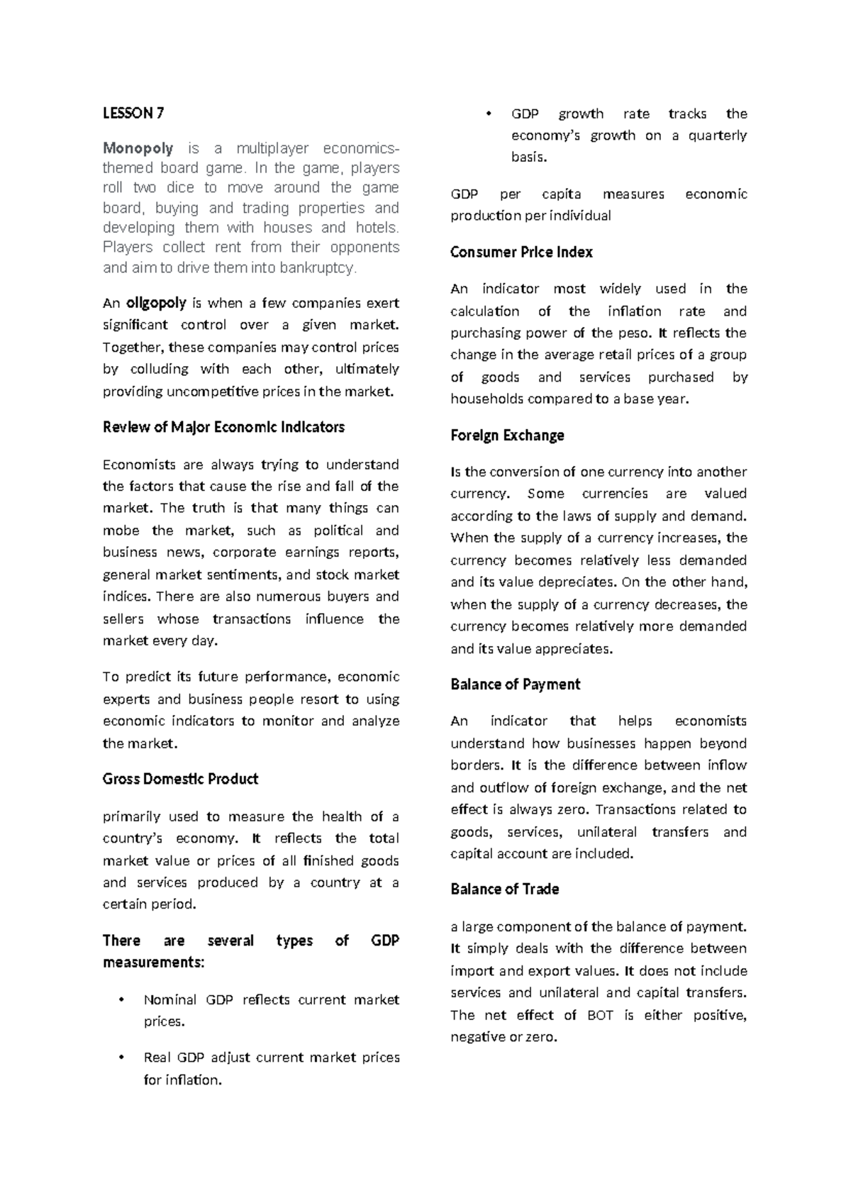 ECON 101: Key Concepts in Economic Indicators and Market Analysis - Studocu