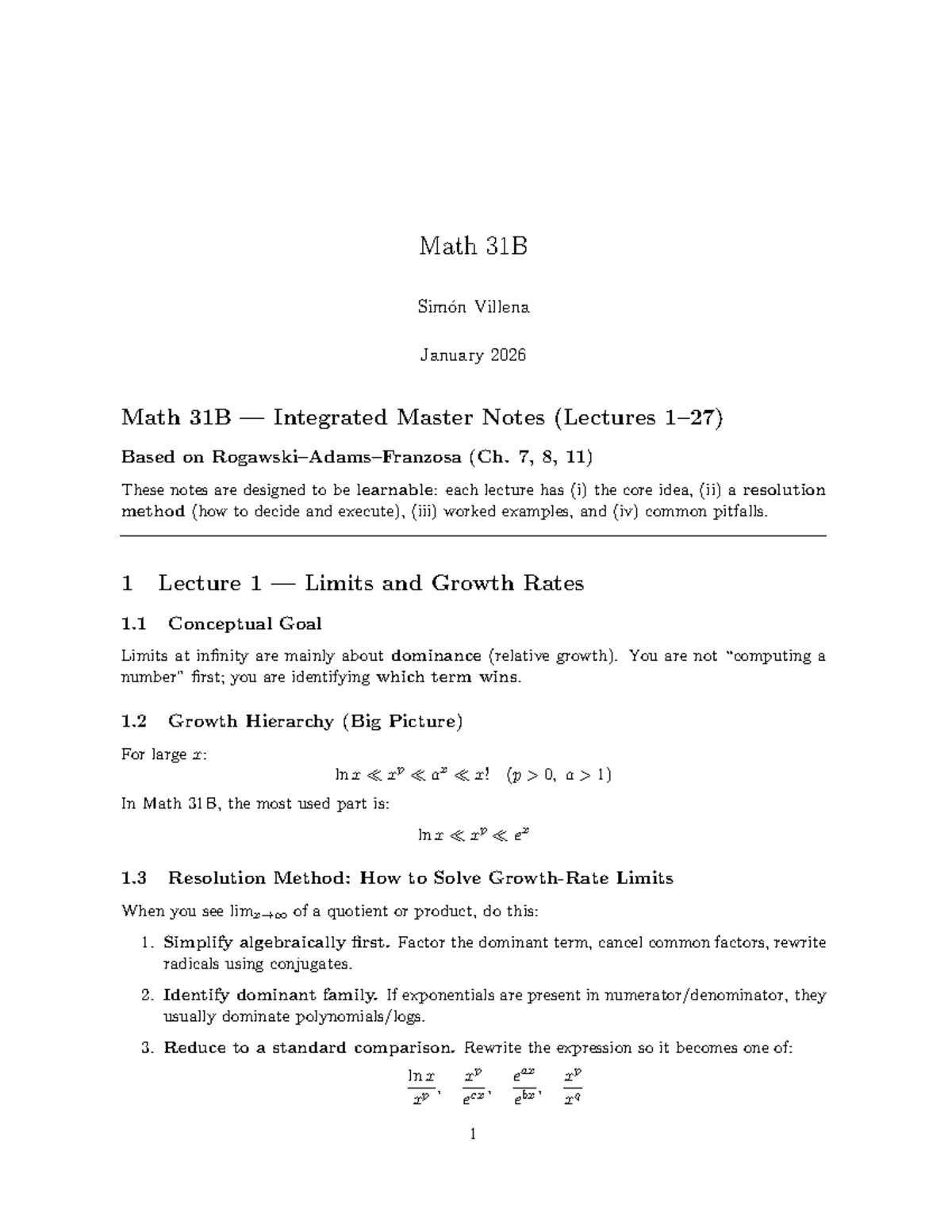 Math 31B Integrated Master Notes: Lectures on Limits, Logs, and Series ...