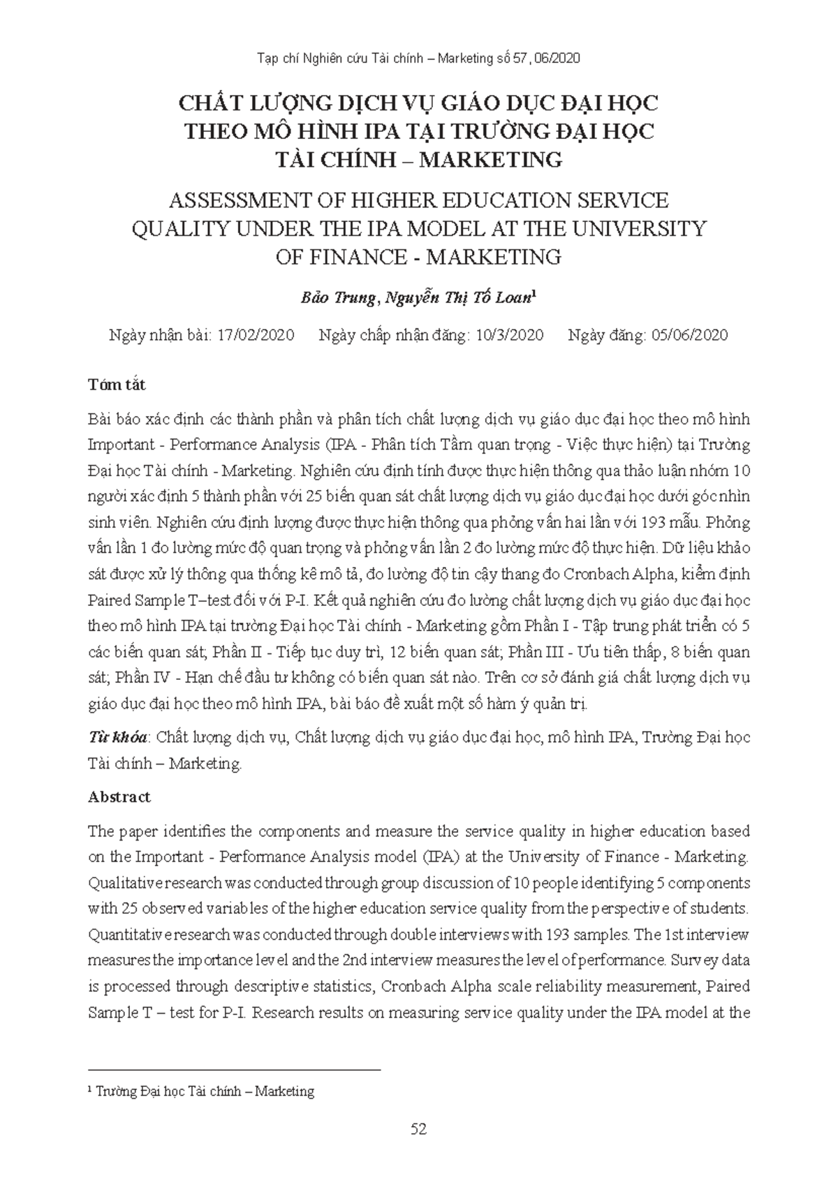 Đánh giá chất lượng dịch vụ giáo dục đại học theo mô hình IPA tại ĐH ...