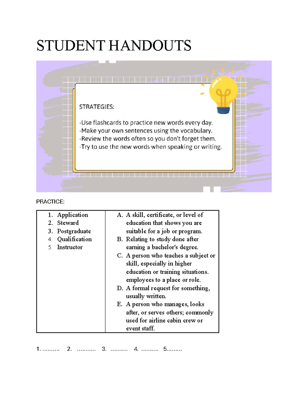 Student Handouts: Vocabulary Examples for Postgraduate Studies - Studocu