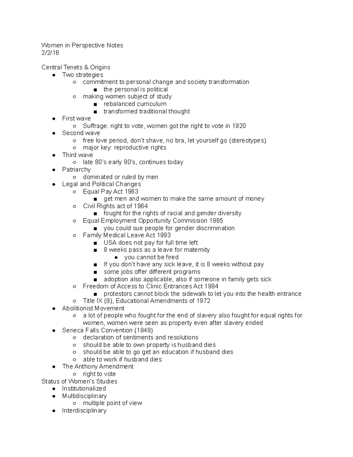 Women in Perspective WMST 231 Lecture Notes on Feminist Theories - Studocu