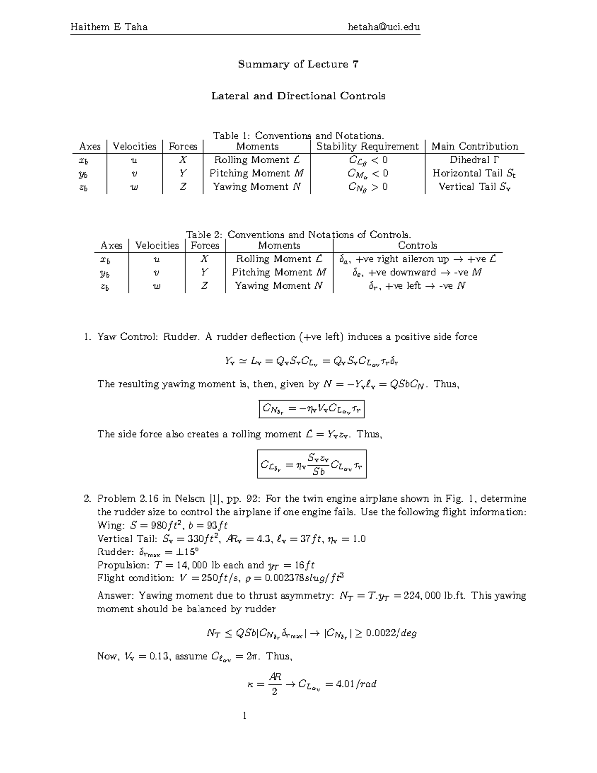Lec7 - Dynamics and Control of Aerospace Vehicles - Summary of Lecture ...