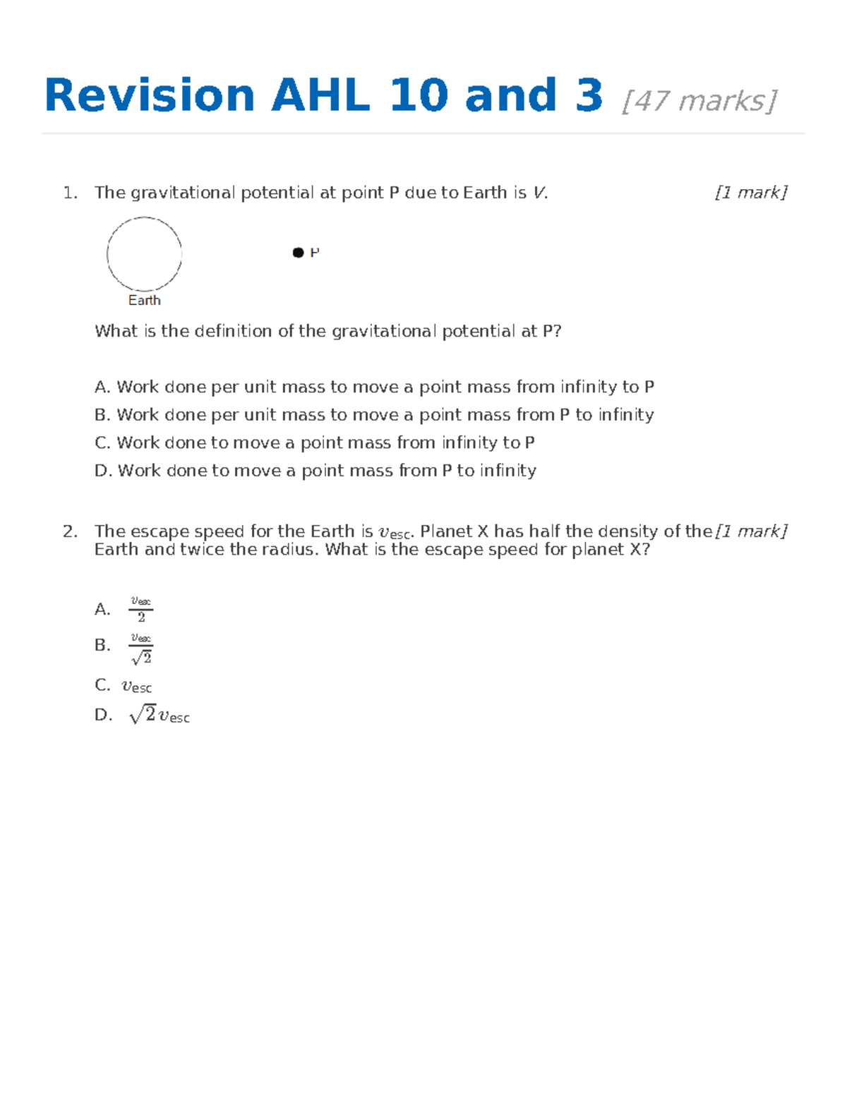 Revision AHL 10 and 3 - Topic ten practice questions for IB Physics HL ...