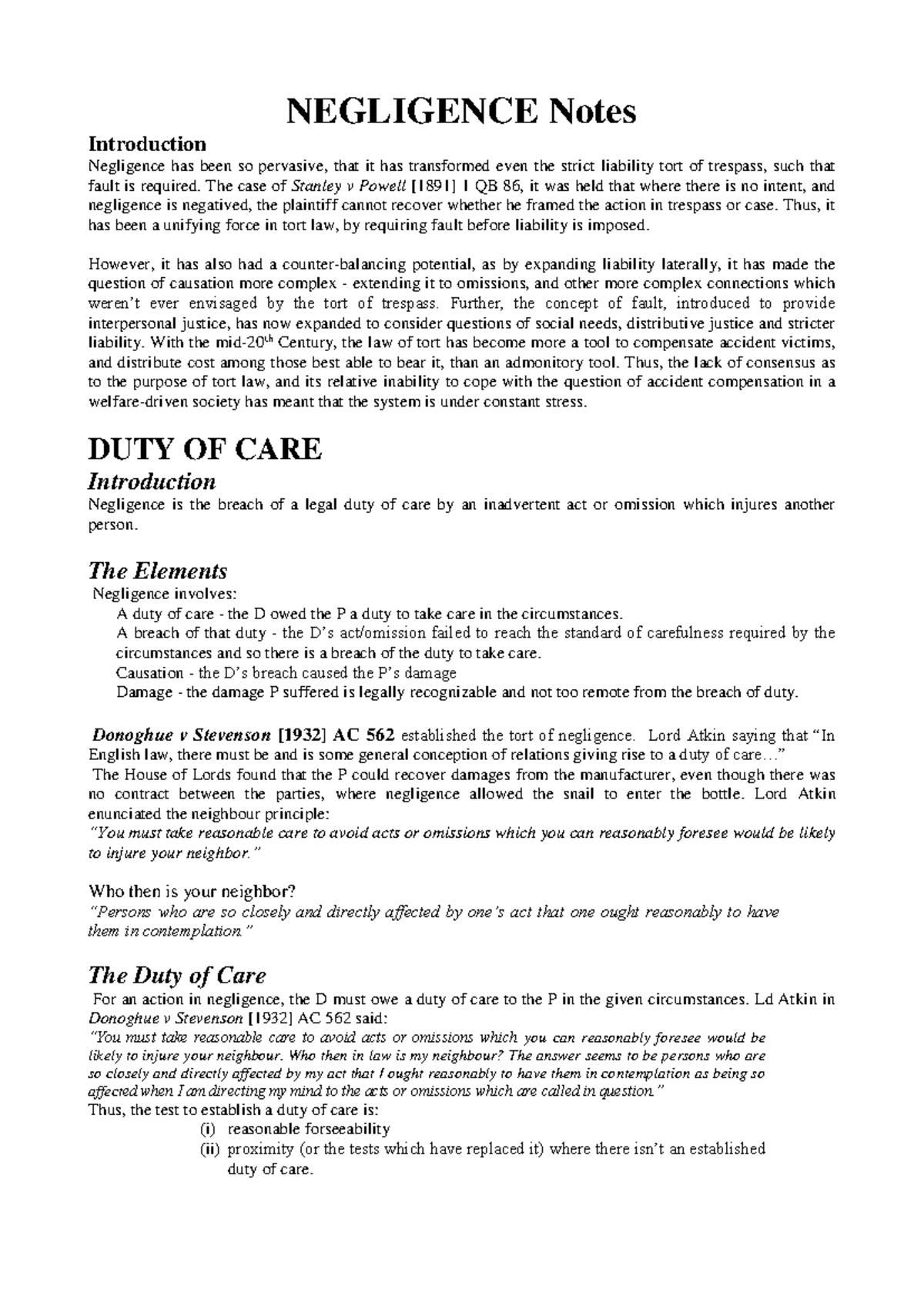 NEGLIGENCE (LAW 101) Comprehensive Study Notes on Duty of Care and ...