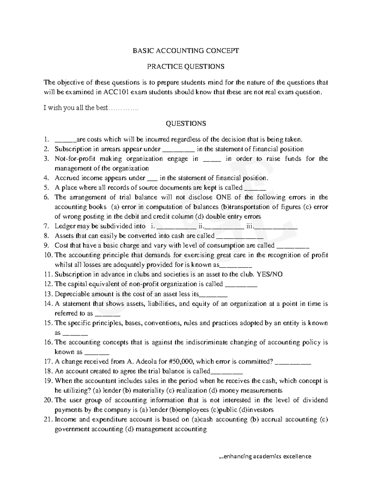 ACC 101 Questions 2 - Relative information needed to pass completely ...