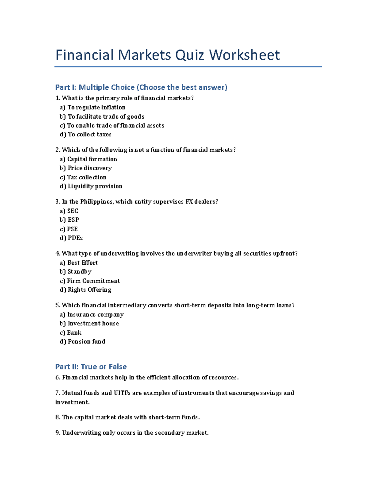 Finmar 101 Quiz: Financial Markets Overview & Key Concepts - Studocu