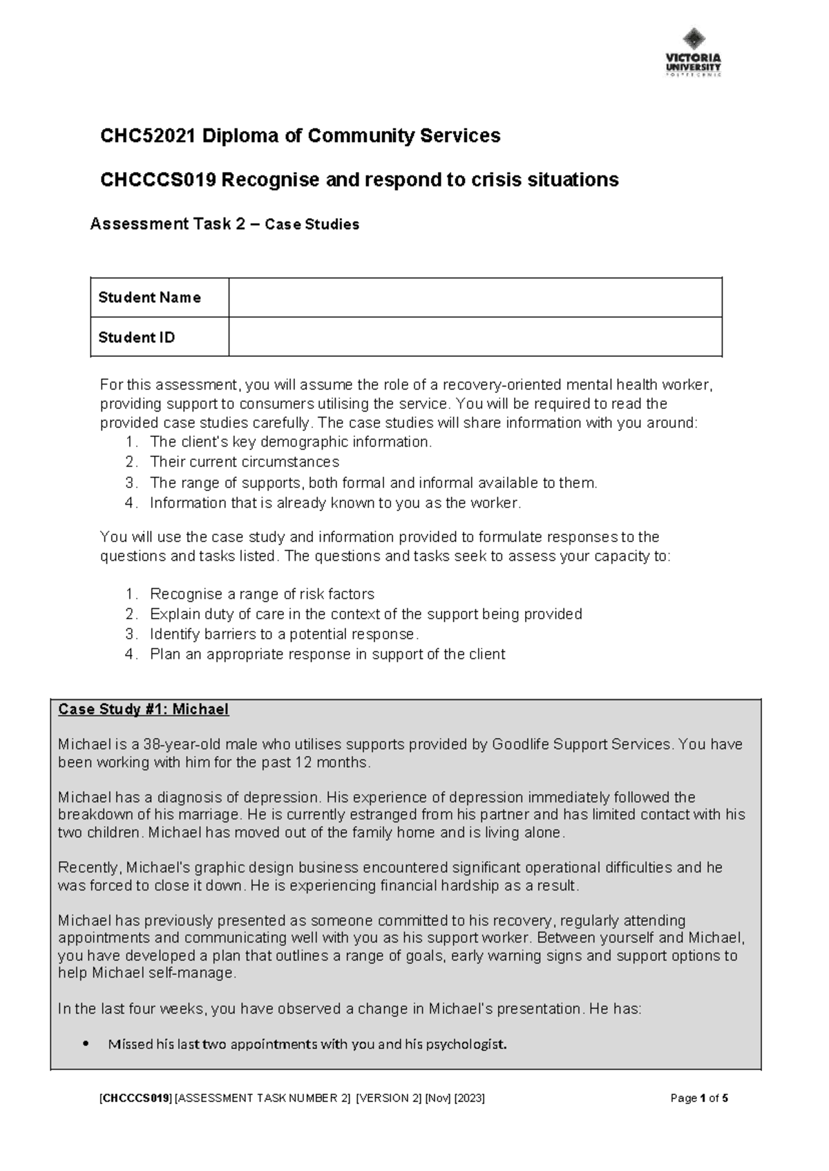 CHC52021 Diploma of Community Services: Crisis Response Case Studies ...