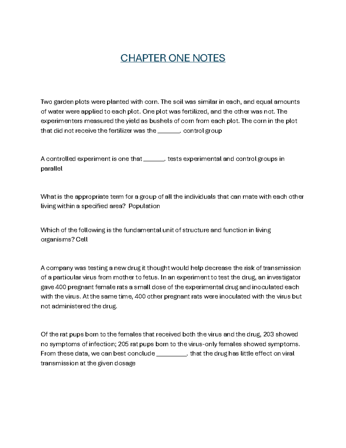 Biology 101: Chapter 1 Study Notes on Experiments and Concepts - Studocu