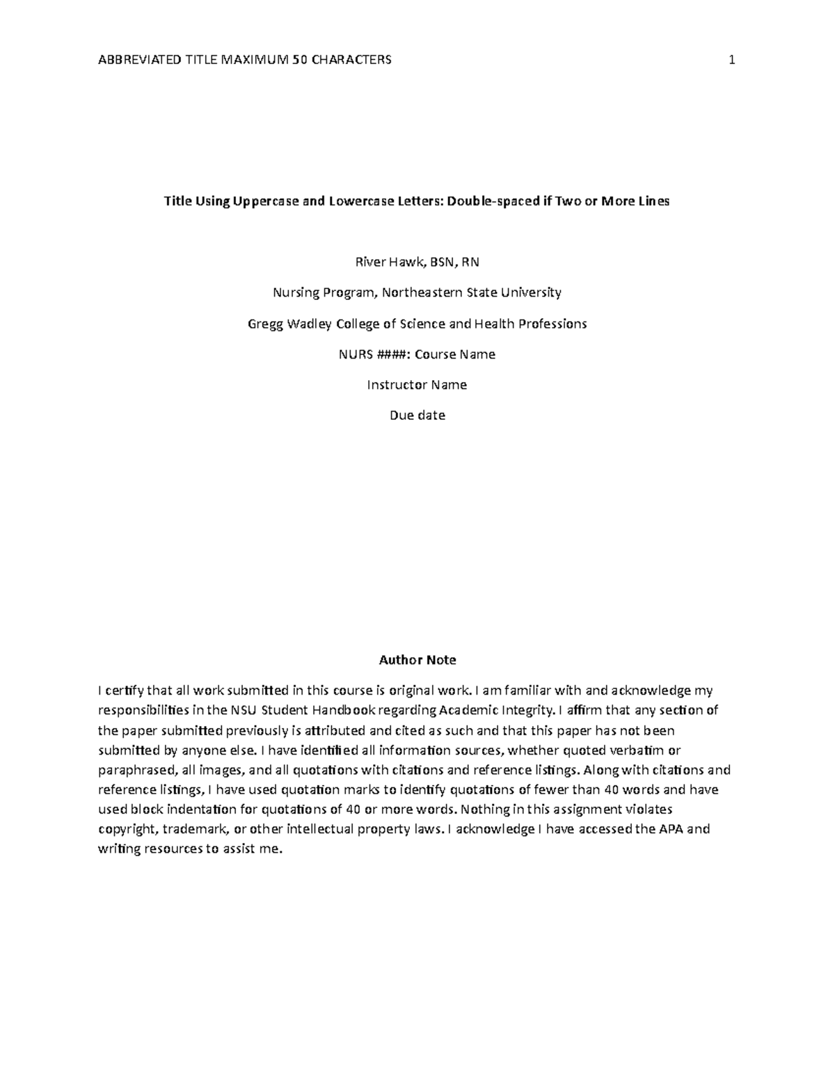 BSN NSU sample paper - Title Using Uppercase and Lowercase Letters ...