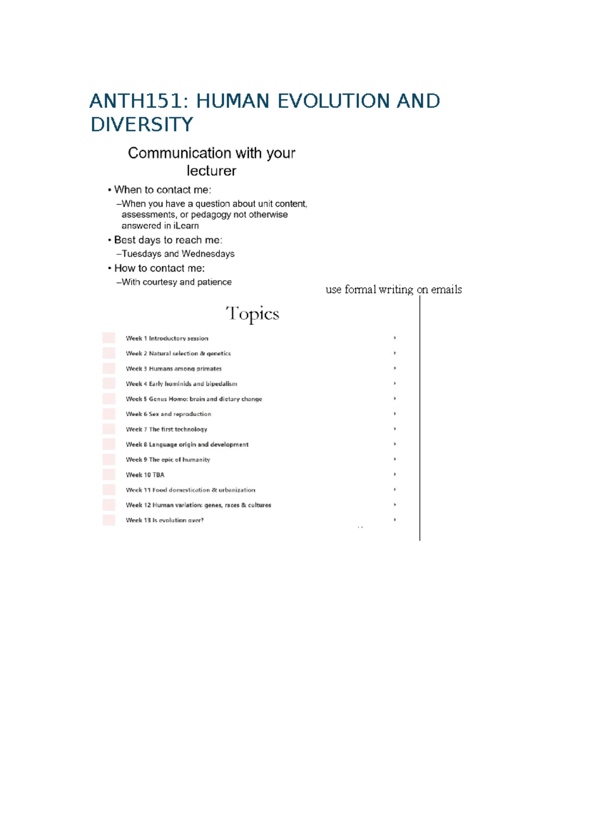 W1 - admin side - ANTH151: HUMAN EVOLUTION AND DIVERSITY use formal ...